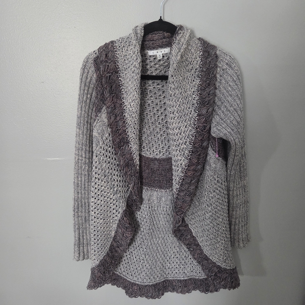 Cabi Womens Shadow Circle Cardigan Sweater Crochet Open Knit Chunky Gray Sz Med